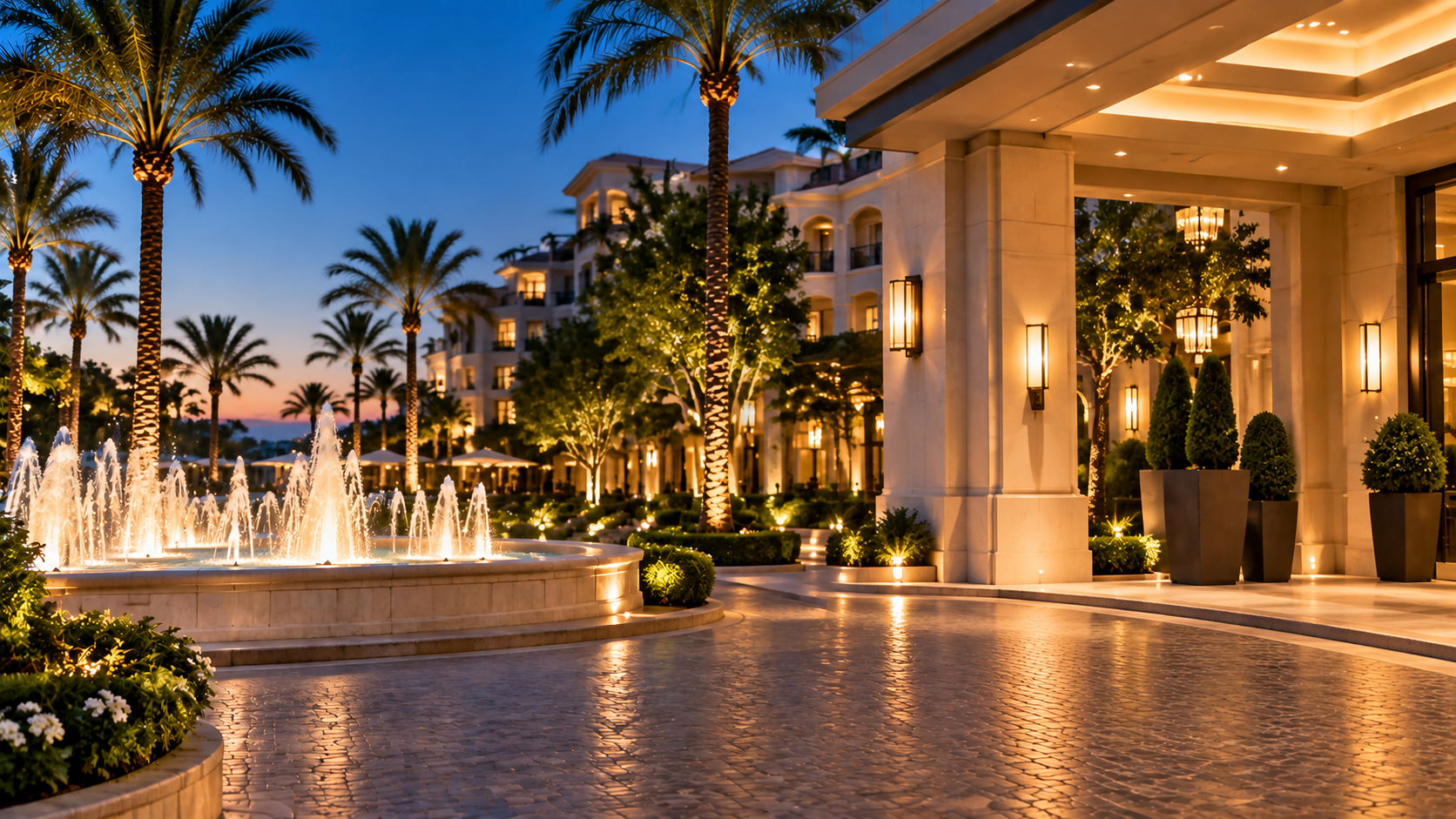 Illuminated luxury resort entrance with palm trees and fountain at dusk