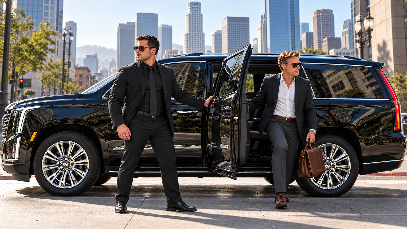 Executive arrival beside a black 2026 Cadillac Escalade ESV on a downtown Los Angeles street