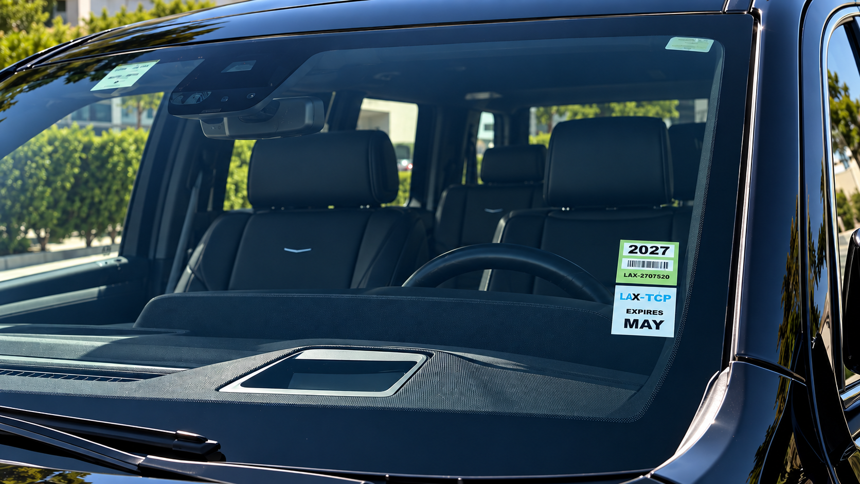LAX ground transportation permit decal on the windshield of a black luxury chauffeur SUV, showing the expiration month and year
