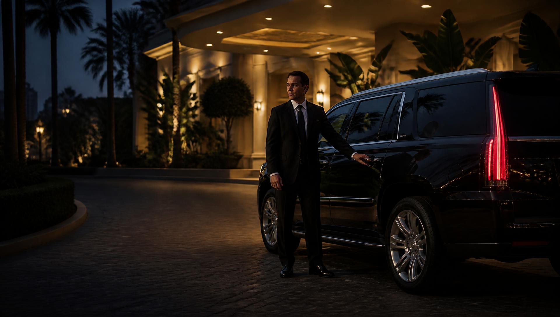 Professional Exodus Limo Service chauffeur beside a black luxury SUV at a Los Angeles hotel entrance