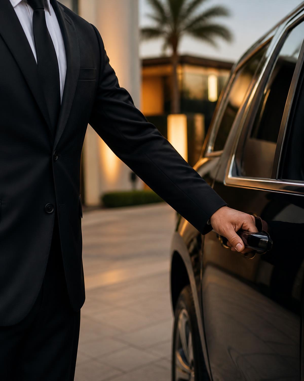 Chauffeur opening the rear door of a black luxury SUV at an upscale Los Angeles property