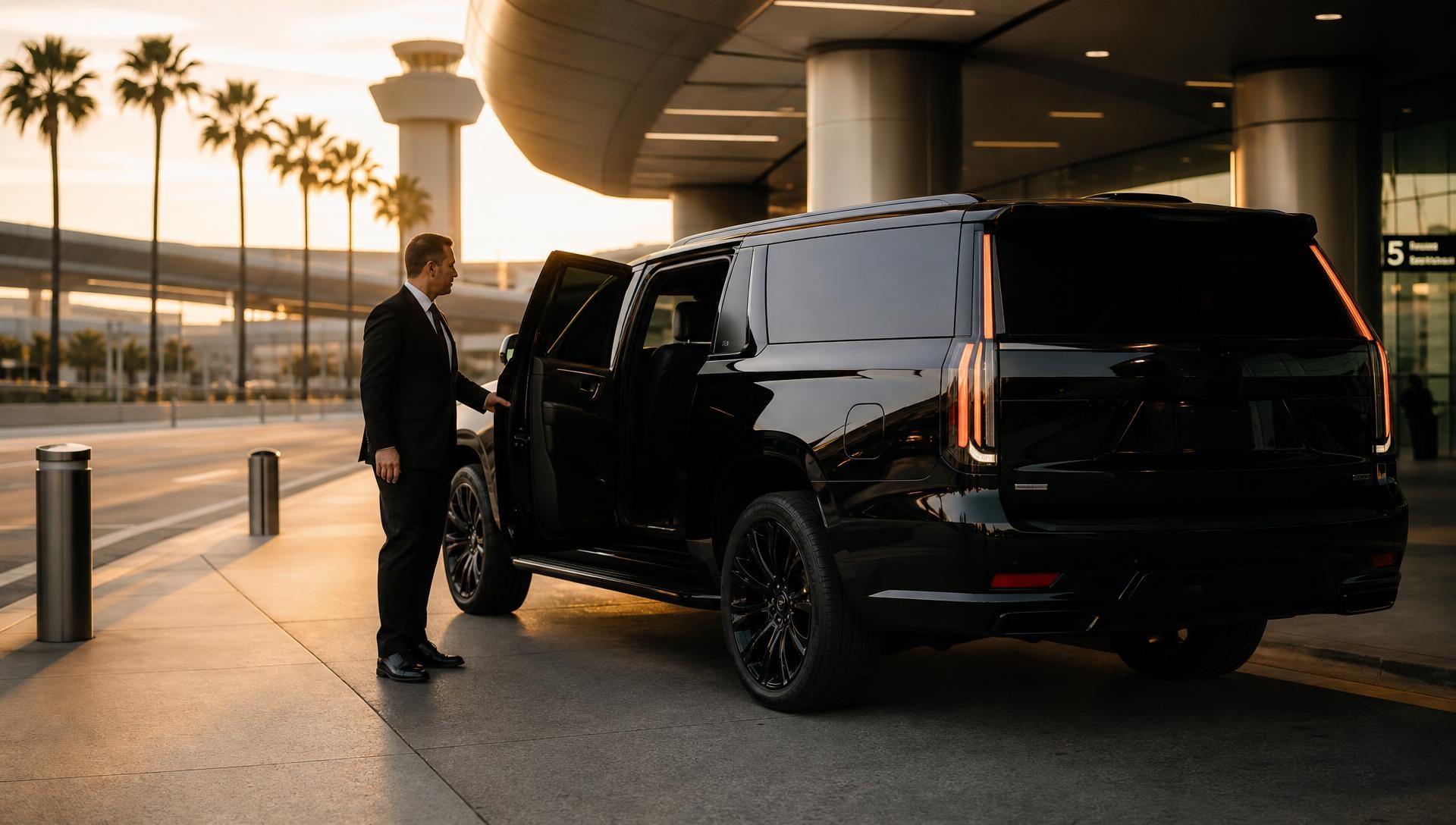 Chauffeur opening the rear door of a luxury SUV at a Los Angeles airport terminal