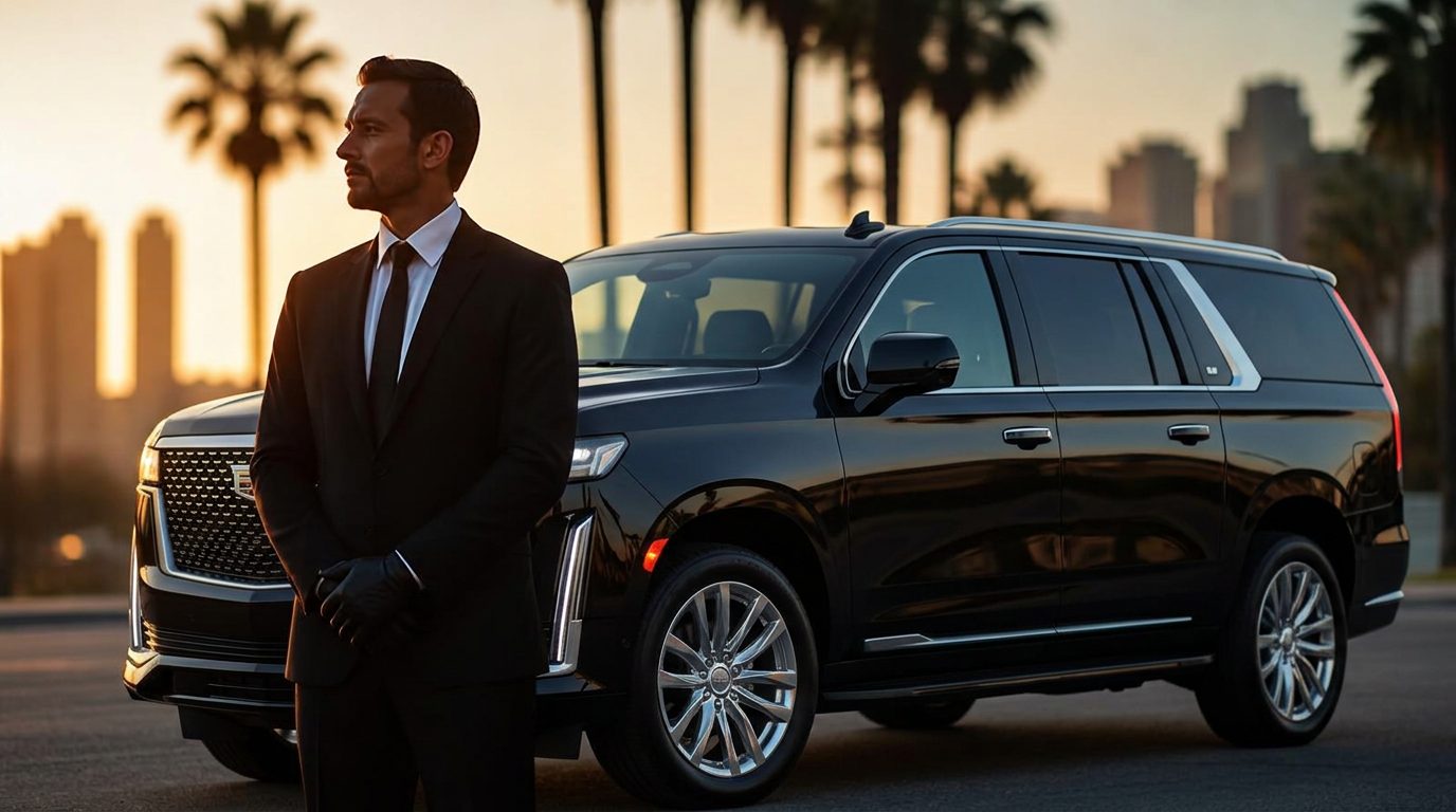 Professional chauffeur in a black suit and black tie standing beside a black executive SUV at dusk in Los Angeles