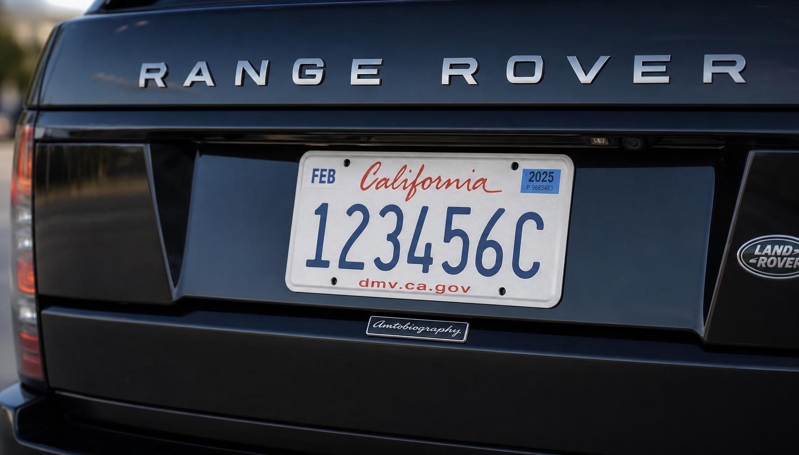 California commercial license plate on a black luxury SUV — a commercial plate is mostly numbers followed by a single letter