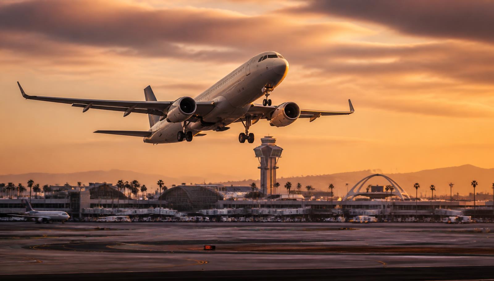 Commercial airliner taking off from a Southern California airport runway at golden hour