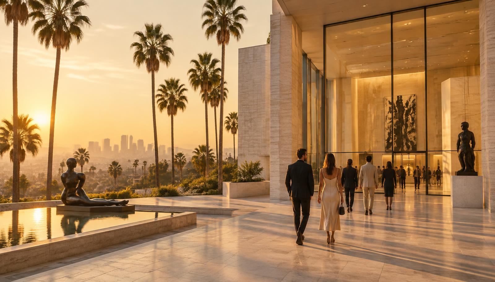 Golden-hour view of a modern Los Angeles art museum plaza with palm trees, sculpture and a distant city skyline