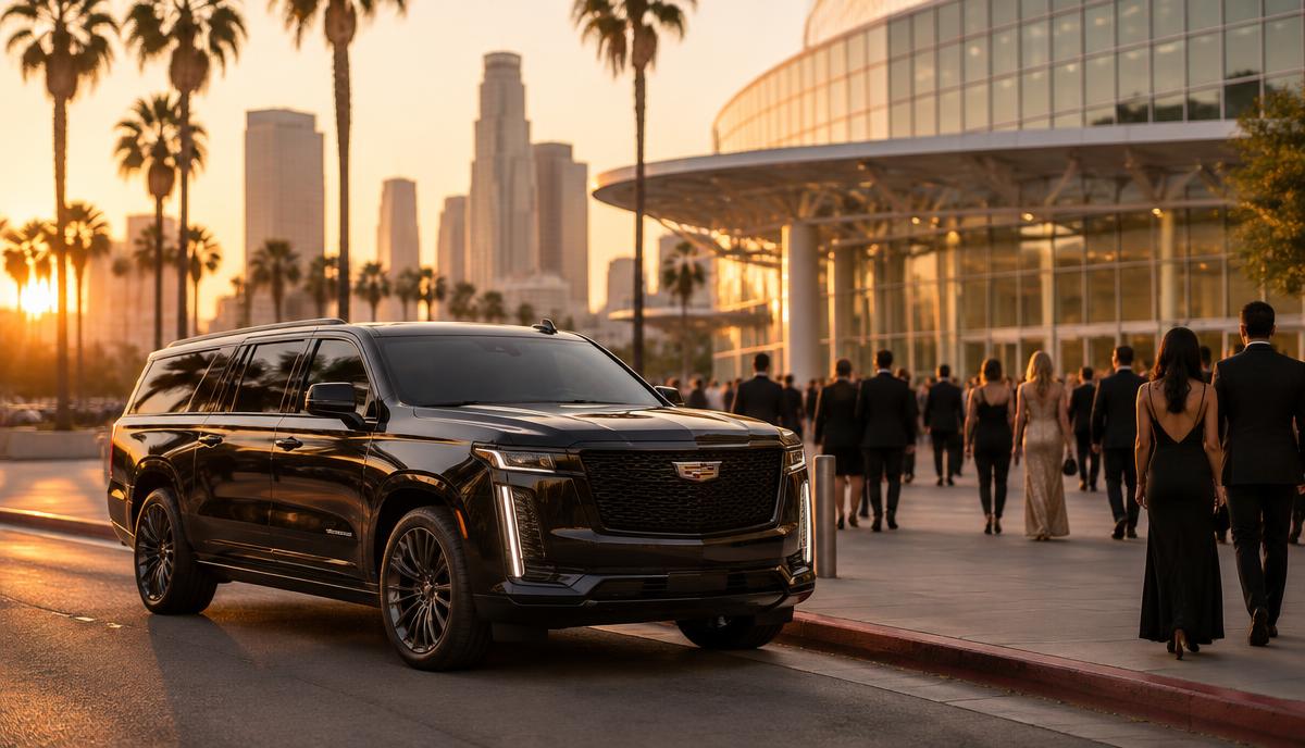 A black 2026 Cadillac Escalade ESV chauffeur SUV parked outside the Los Angeles Convention Center at golden hour as event guests arrive