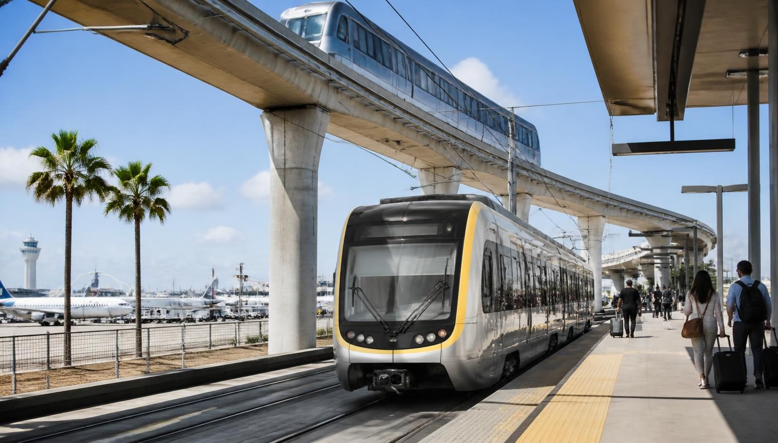 Los Angeles Metro light rail train at a modern airport-area transit station with an automated people mover overhead