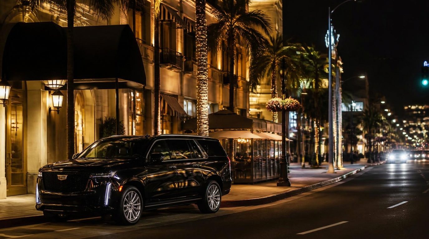 Elegant Los Angeles boulevard at night with lit restaurant facades, palm trees and a black luxury SUV waiting at the curb