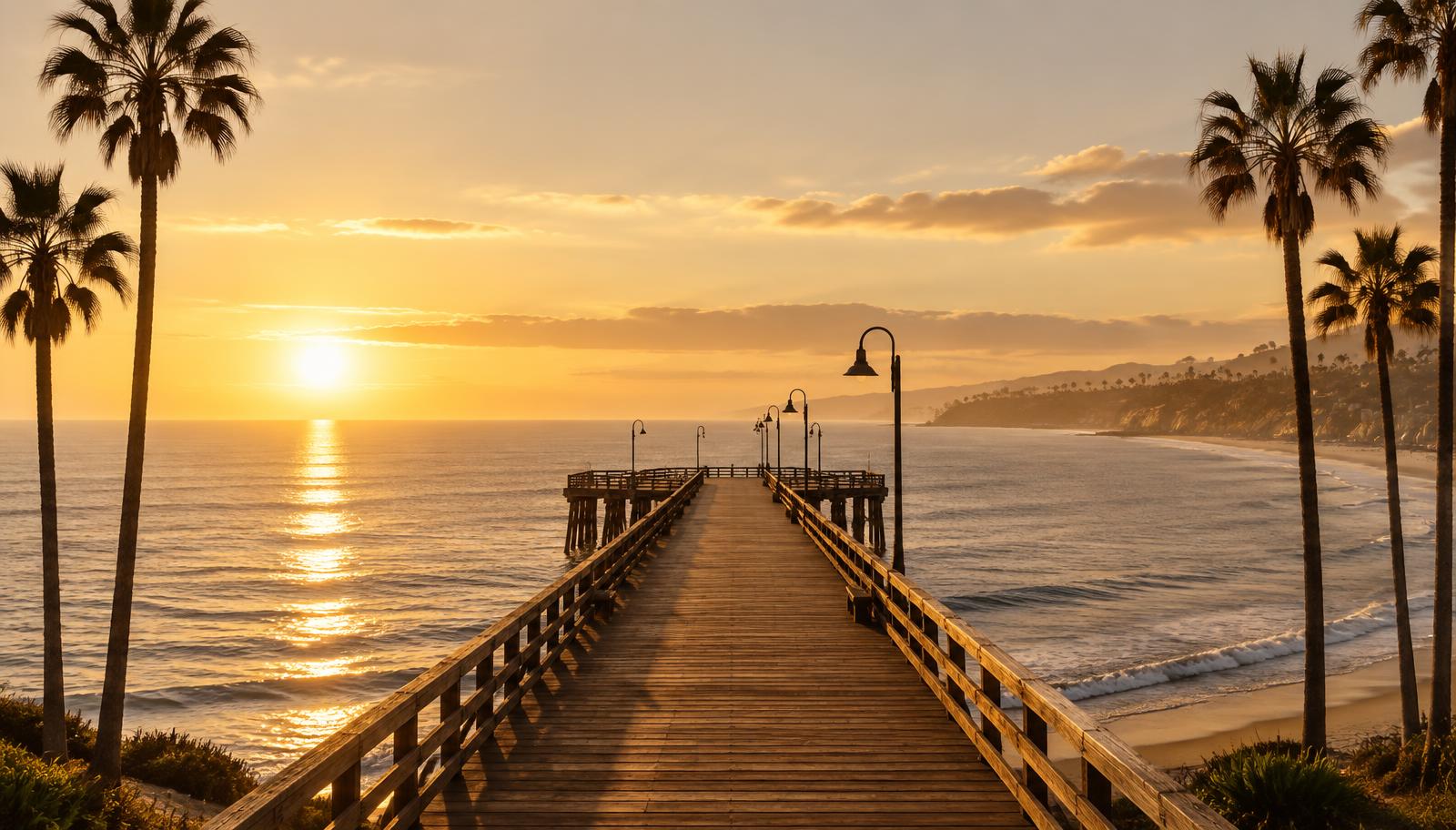 A long wooden Southern California pier stretching into the Pacific Ocean at golden hour, with palm trees along the shoreline