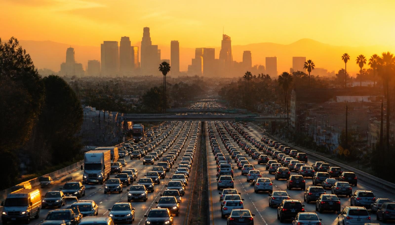 Heavy rush hour traffic on a multi-lane Los Angeles freeway with the downtown skyline at sunset