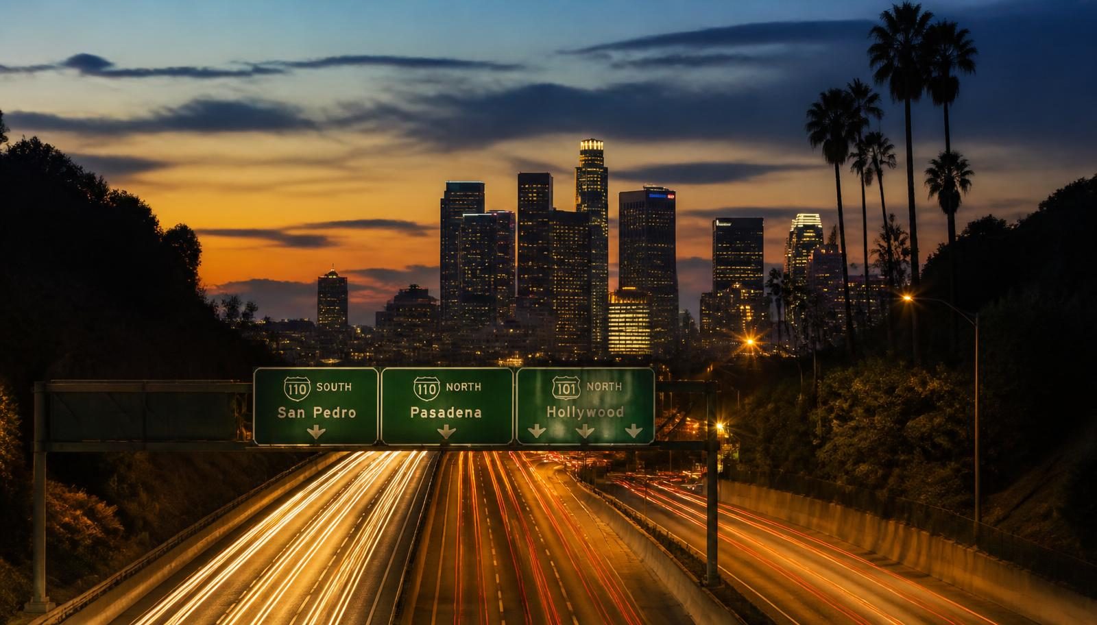 Los Angeles freeway at dusk with overhead green freeway signs, traffic light trails and the downtown skyline
