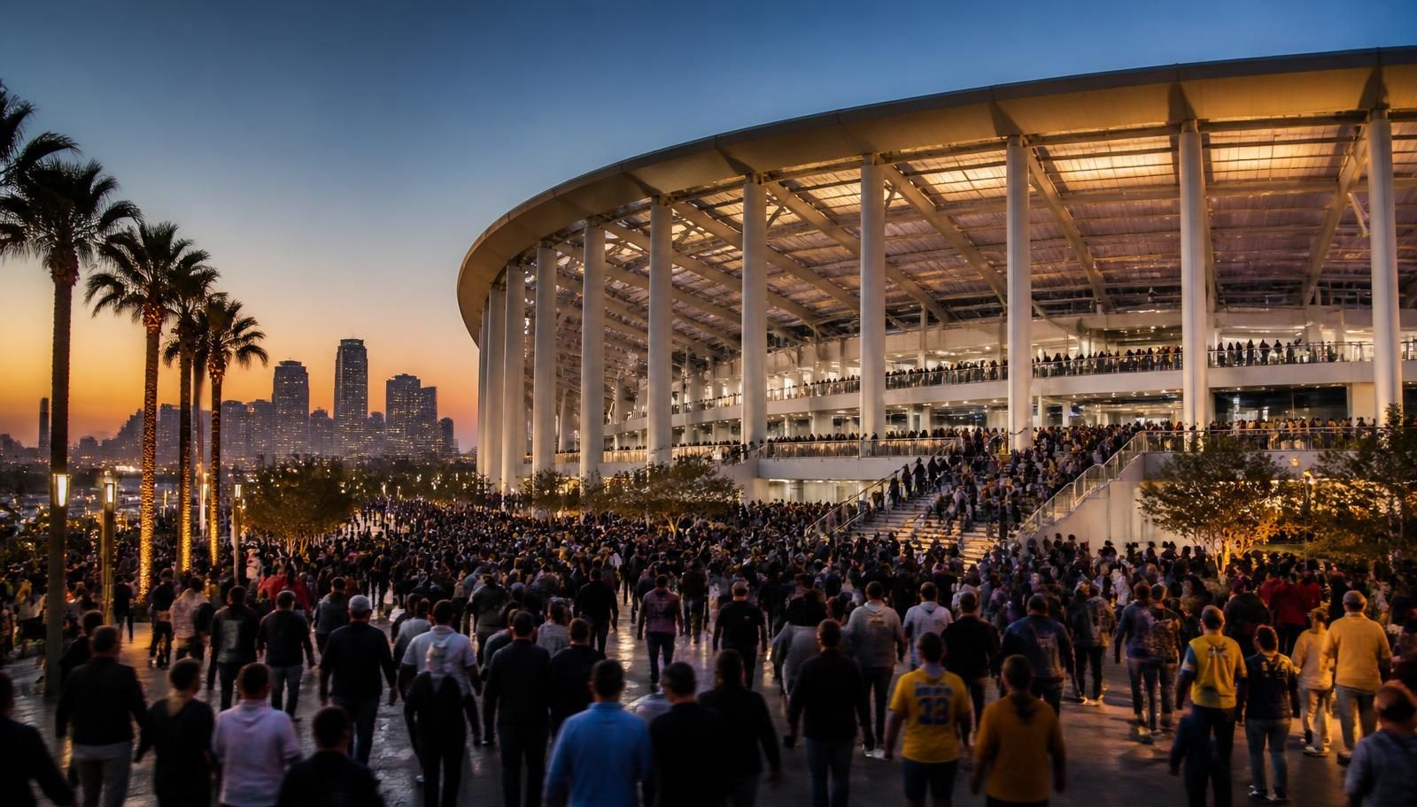 Crowds arriving at a large Los Angeles stadium at dusk for a major international sporting event