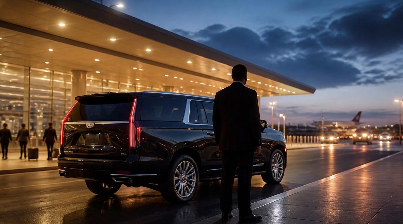 Black luxury SUV waiting at an airport terminal curb at dusk with a chauffeur standing beside it