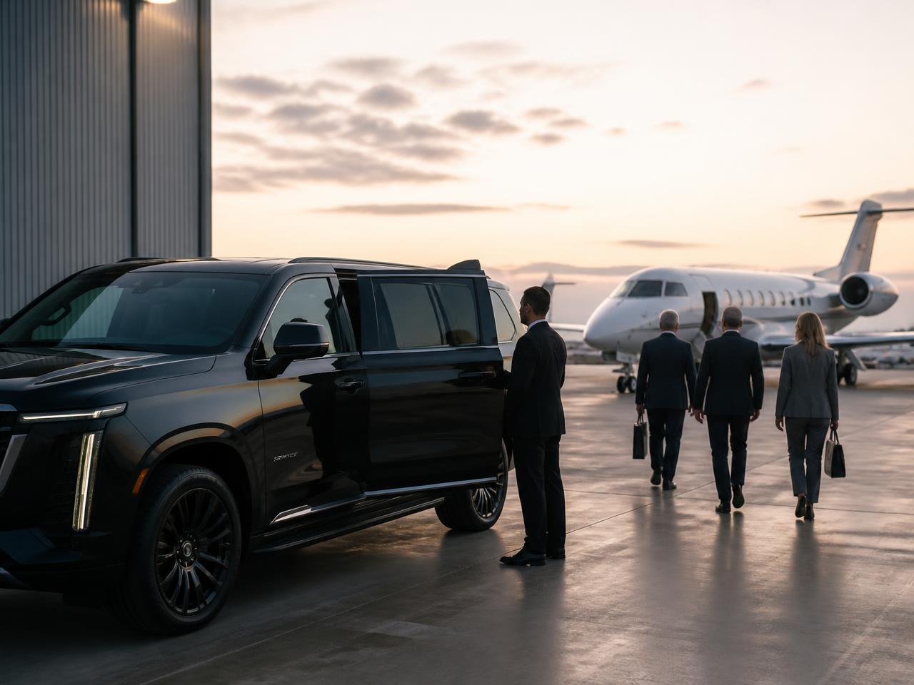 Black 2026 Cadillac Escalade ESV beside a private jet on a Los Angeles FBO ramp at dusk