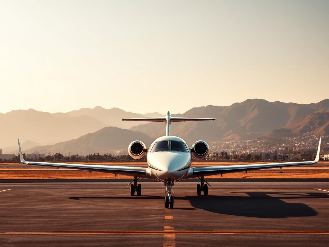 Private jet on the ramp at Hollywood Burbank Airport with the Verdugo mountains behind