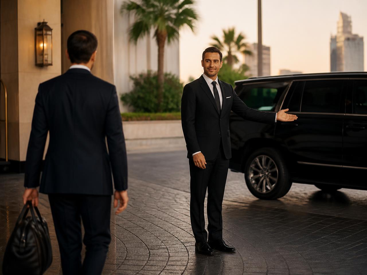 Chauffeur welcoming a corporate guest at a luxury Los Angeles hotel entrance