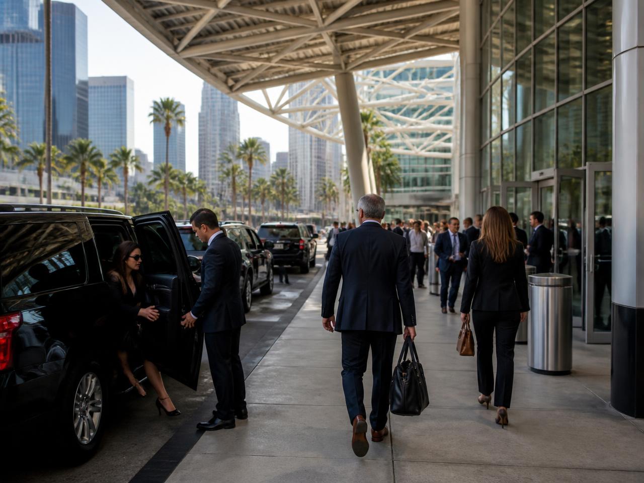 Corporate delegates arriving by black SUV at a Los Angeles convention center