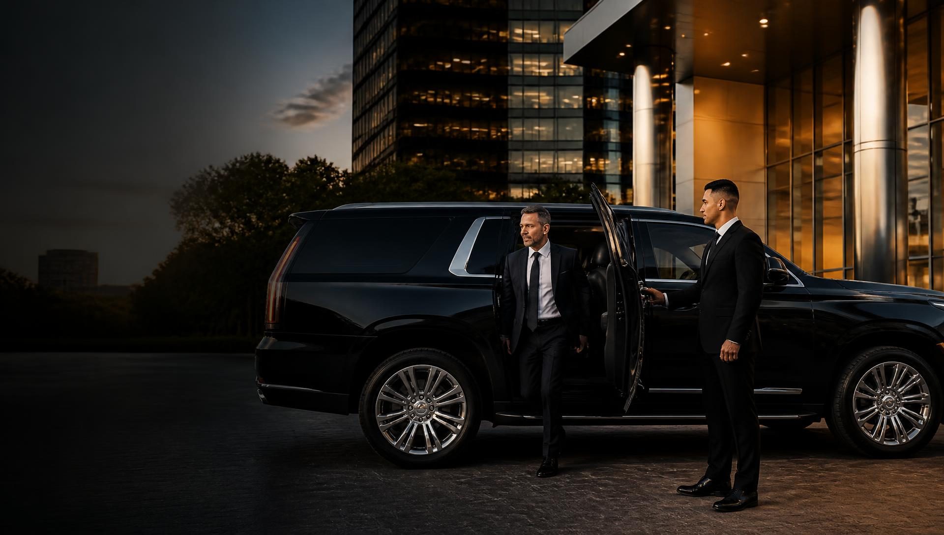 Chauffeur in black tie opening the rear door of a black 2026 Cadillac Escalade ESV for an executive outside a glass office tower in Los Angeles