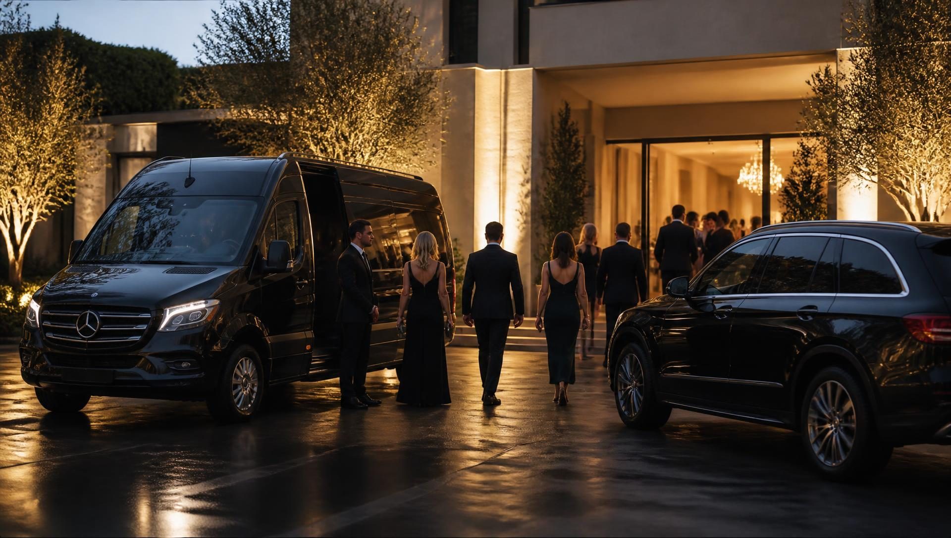 Black Mercedes-Benz Sprinter and executive SUV at a Los Angeles event venue entrance in the evening