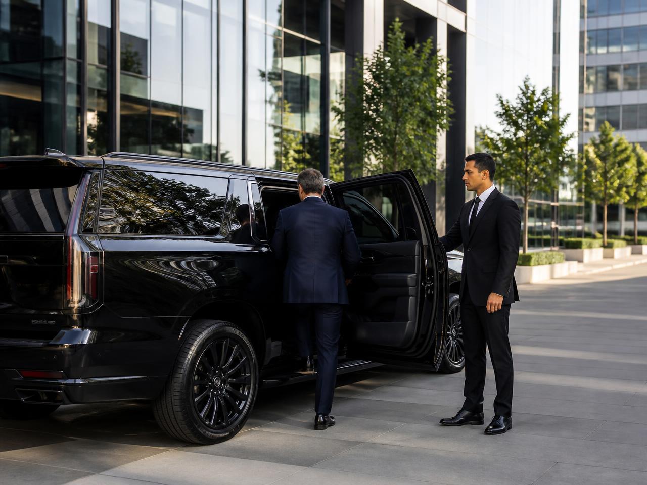 Chauffeur holding the rear door of a black 2026 Cadillac Escalade ESV for an executive outside a Los Angeles office building