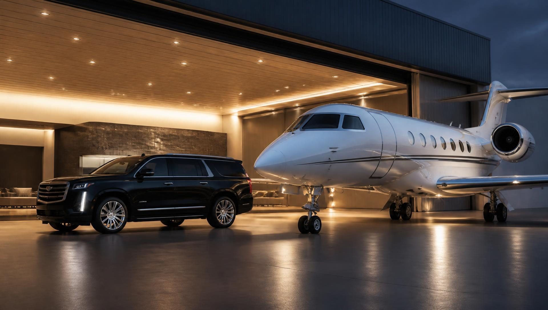 Black Cadillac Escalade ESV parked beside a modern private jet inside an illuminated FBO hangar in Southern California