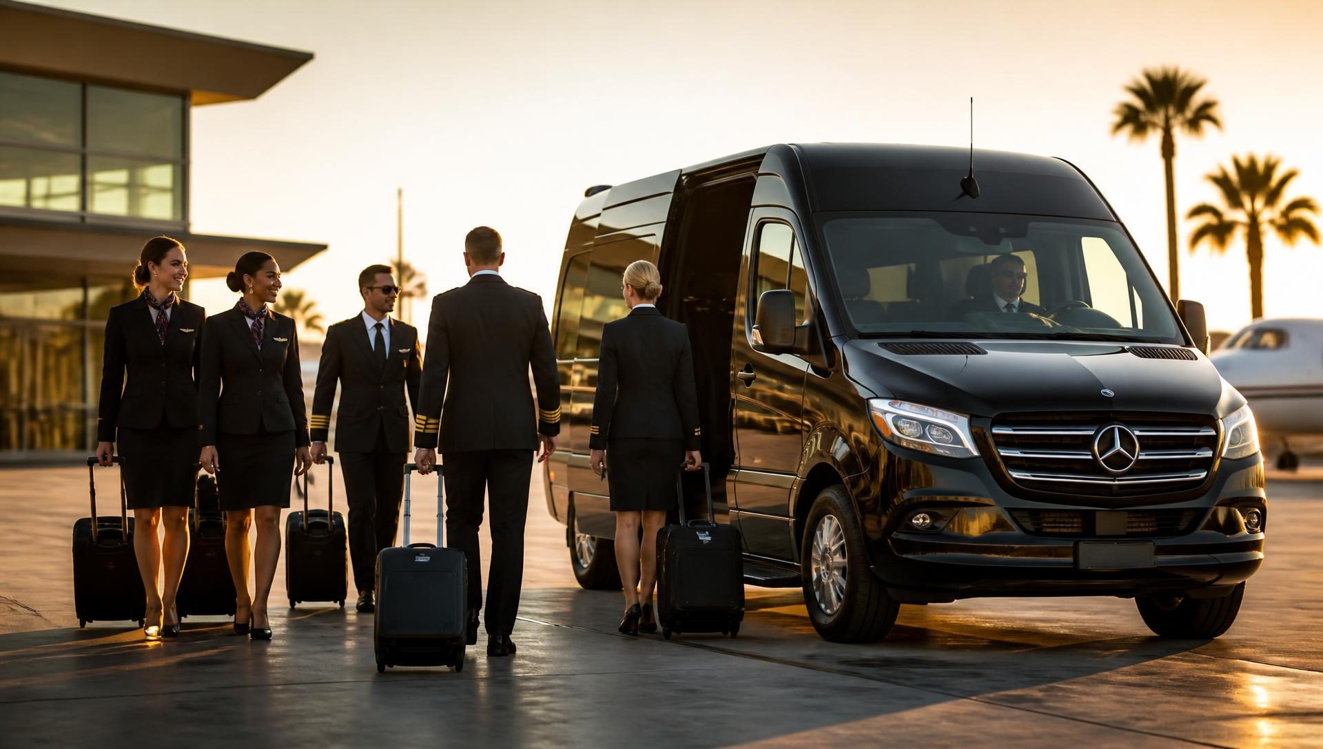 Airline pilots and flight attendants walking to a black Mercedes-Benz Sprinter at a Southern California private aviation terminal at sunrise