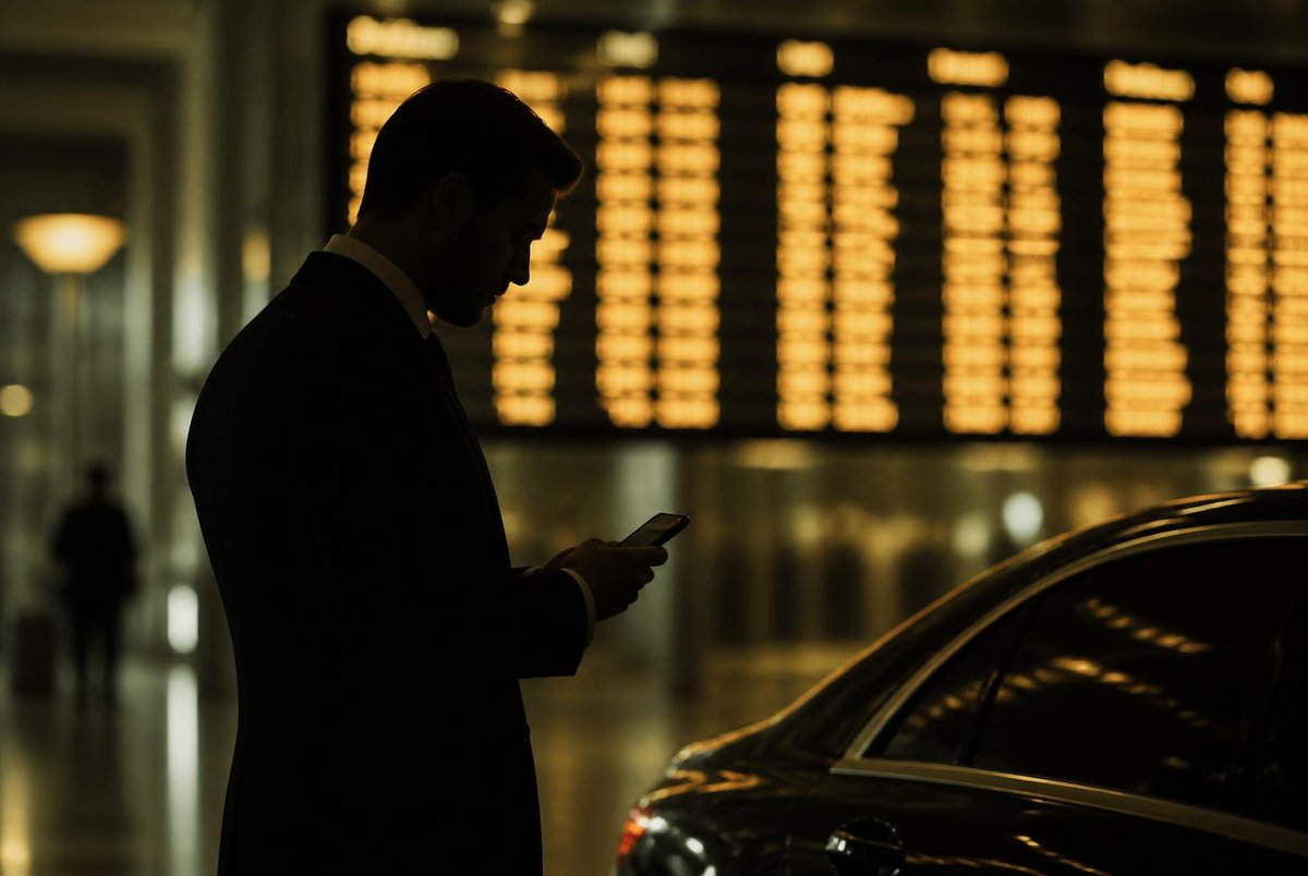 Airport arrivals concourse with flight information displays
