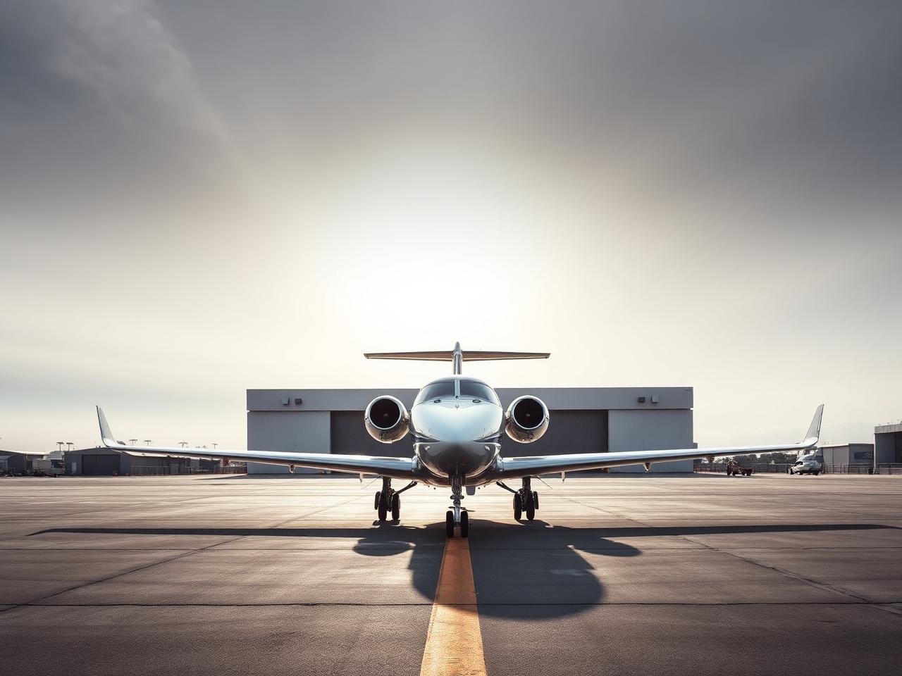 Private jet parked outside a general aviation hangar in the South Bay near Hawthorne, California