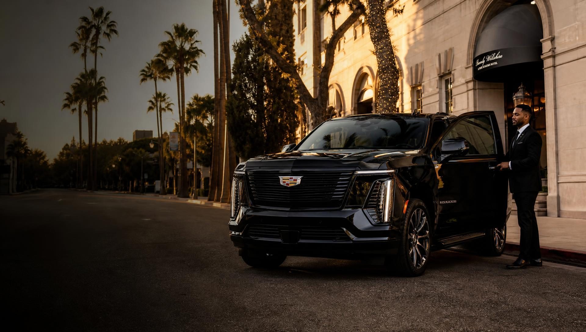 Professional chauffeur in formal attire beside a black 2026 Cadillac Escalade ESV at a luxury Beverly Hills hotel entrance