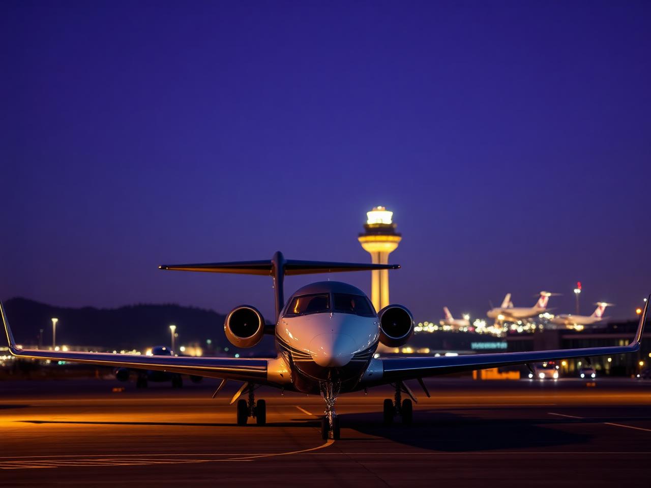 Private jet on a dedicated private ramp at Los Angeles International Airport at dusk