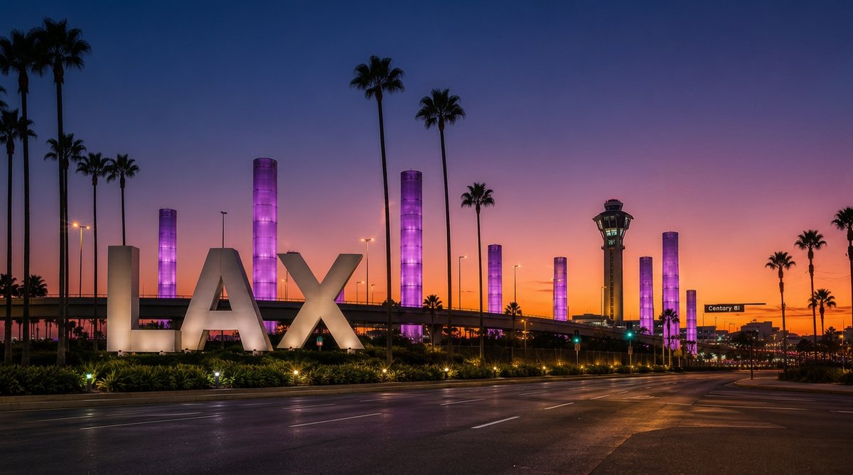 Los Angeles International Airport terminal exterior at dusk, served by Exodus Limo Service chauffeurs
