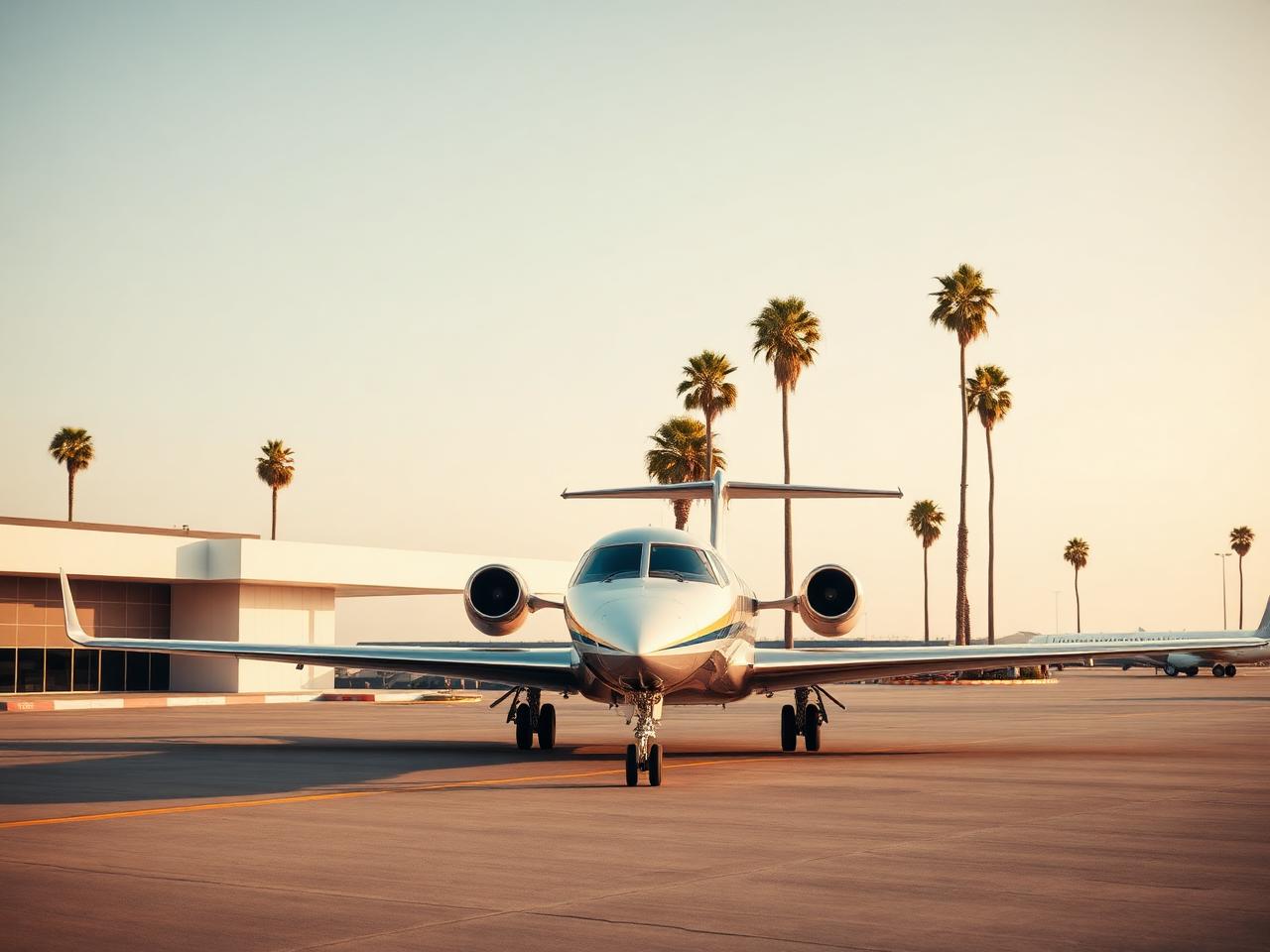 Business jet on the ramp at Long Beach Airport with mid-century terminal architecture and palm trees