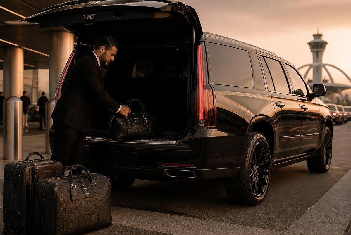 Chauffeur loading luggage into a black luxury SUV at an airport terminal