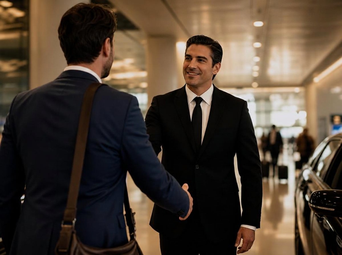 Professional chauffeur in a black suit greeting an arriving passenger inside an airport terminal