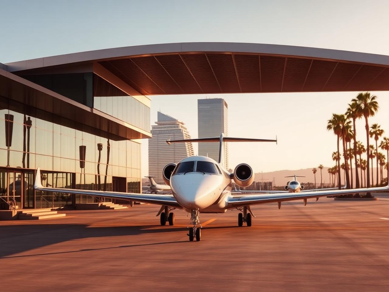 Private jet beside modern glass terminal architecture at John Wayne Airport in Orange County