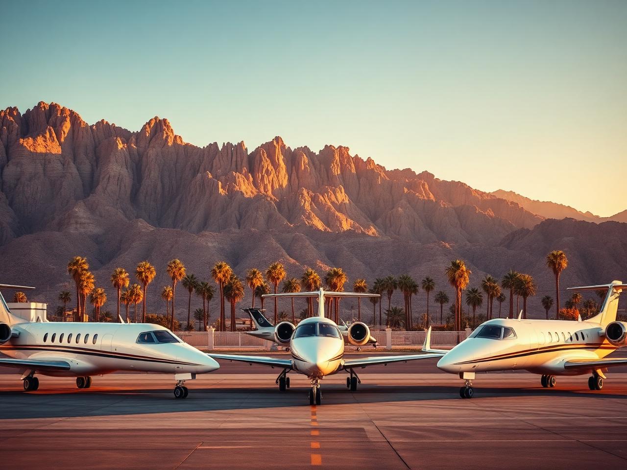 Private jets parked in Palm Springs with desert mountains and palm trees in the background