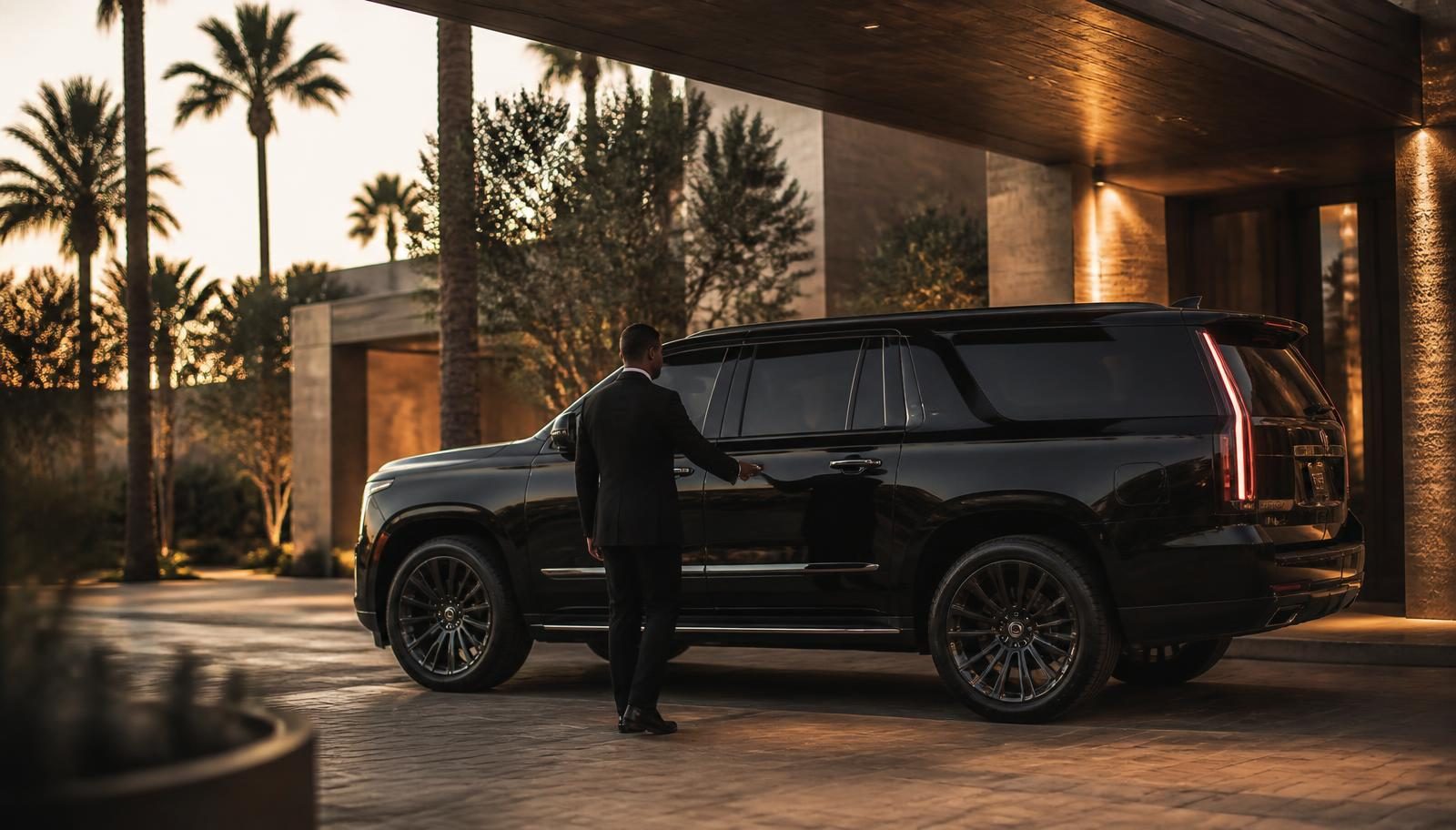 Chauffeur opening the rear door of a black luxury SUV at a Los Angeles hotel entrance at dusk