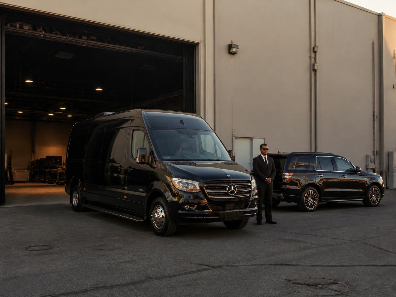 Black executive Sprinter and SUV at a Los Angeles studio production lot