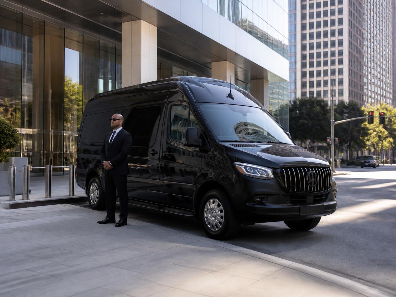Black executive Sprinter waiting outside a modern corporate tower in Downtown Los Angeles