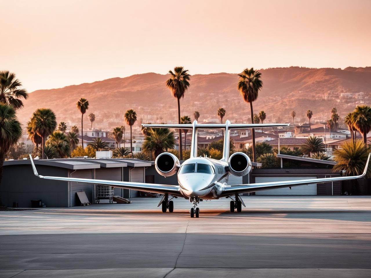 Light private jet on a compact Westside Los Angeles general aviation ramp at sunset