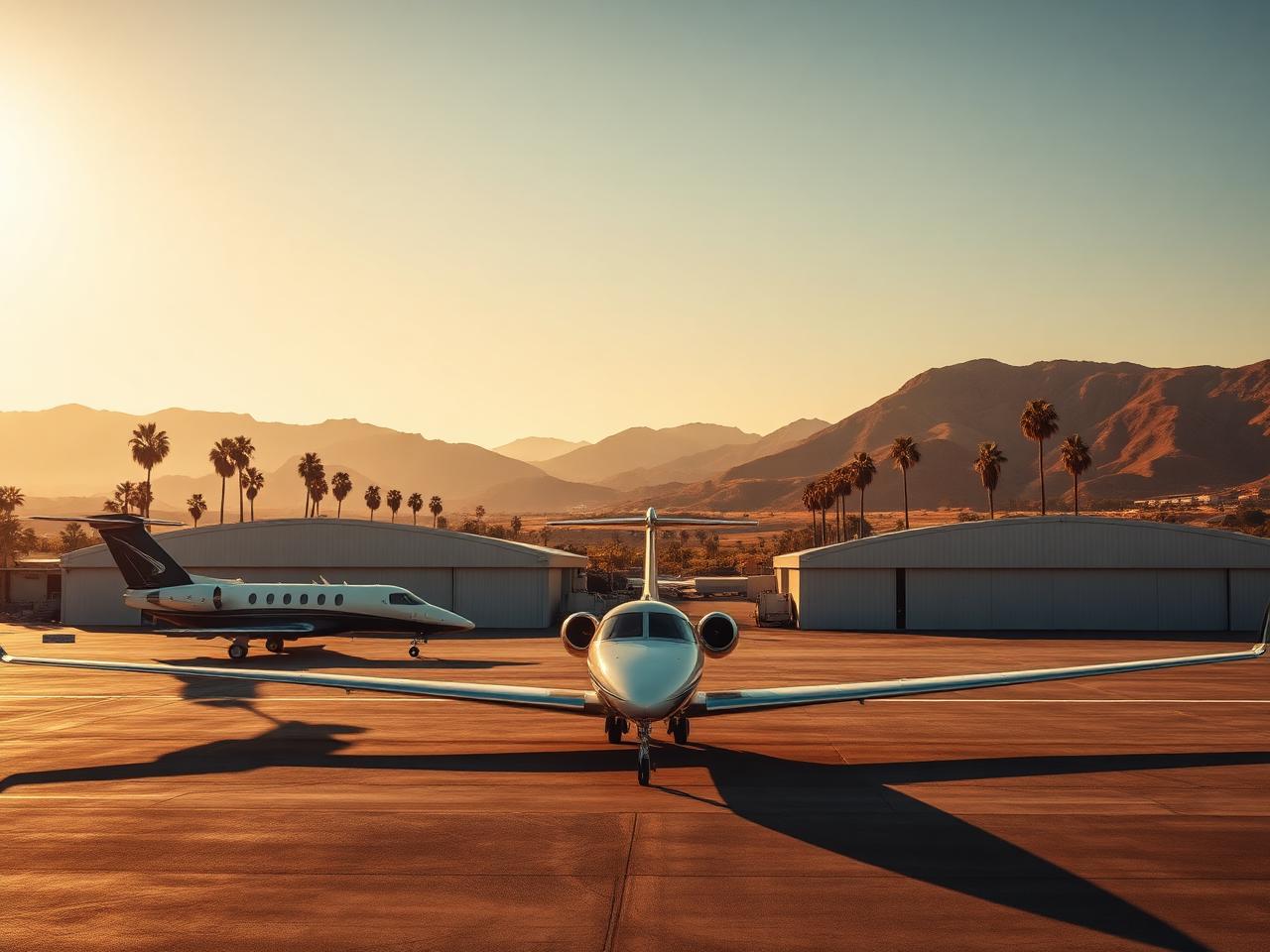 Business jets on a general aviation ramp at Van Nuys Airport in the San Fernando Valley at golden hour
